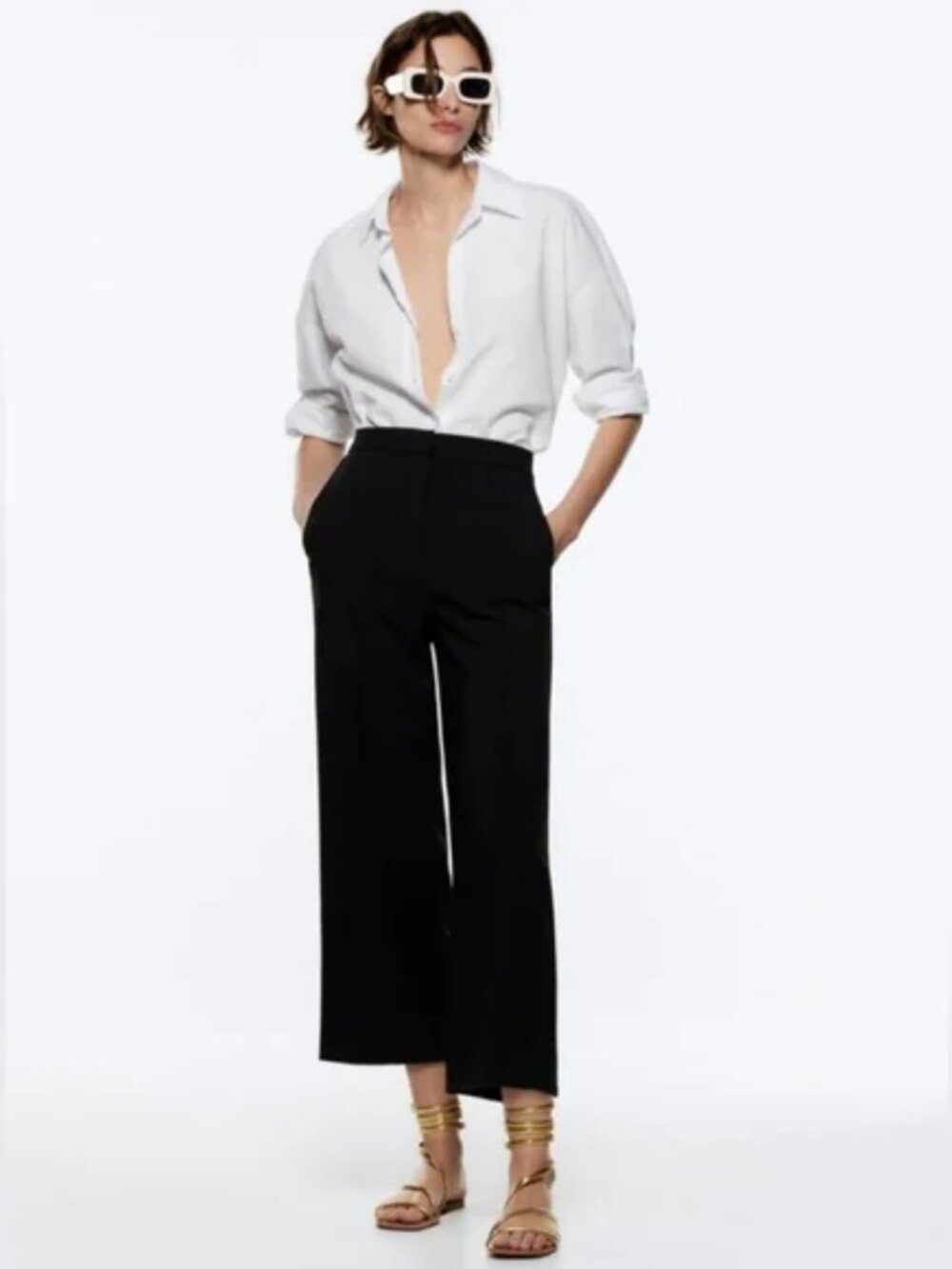 Zara High-Waisted Wide-Leg Cropped Culottes – Black | Size M